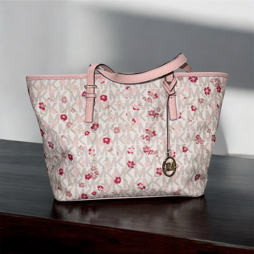 Michael Kors Pink Floral Tote Bag + Wristlet + Wallet - Picture 2 of 12